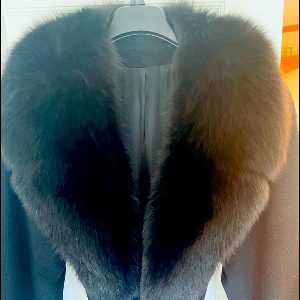 Cashmere, black fox collar full length wrap coat.